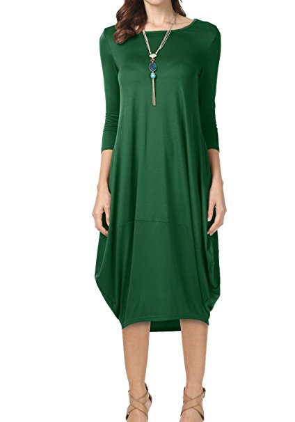 levaca Women's 3/4 Sleeve Package Hip Loose Casual Midi Dress With Pockets