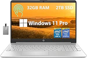 HP 15.6" HD Touchscreen Business Laptop, Intel i3-1215U, 32GB DDR4 RAM, 2TB PCIe SSD, Intel UHD Graphics, Numeric Keypad, 720p HD Camera, Windows 11 Pro, Silver, 32GB Hotface USB Card