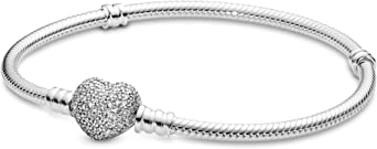 Pandora Jewelry - Moments Sparkling Heart Clasp Snake Chain Charm Bracelet for Women in Sterling Silver with Clear Cubic Zirconia