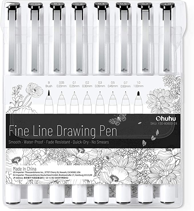 Fineliner Drawing Pen, Ohuhu Set of 8 Pack Ultra Fine Line Drawing Markers, 8 Assorted Tip Sizes, 7 Fine Tip Markers with a Brush Tip, Black Ink for Markers Painting, Invitation Card Writting, No Smudge Liner Back to School