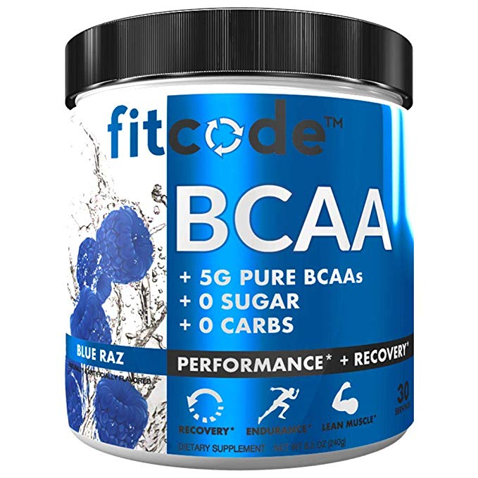 Fitcode Ultra Premium BCAAs with 5G of Pure BCAAs with Proven 2:1:1 Ratio of Amino Acids to Help Post Workout Recovery, Lean Muscle Growth, Endurance, 30 Servings (Blue Raz)