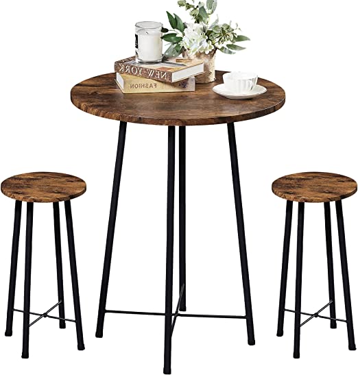 VECELO Small Bar Table and Chairs, Round Bistro Sets with 2 barstools, 3-Piece Pub Dining Furniture, Counter Height Wood Top for Breakfast Dinner Coffee Nap Conference, Easy Assembly, Rustic Brown