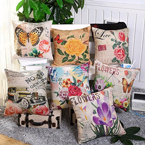 Pillowcase Covers, U'artlines Cotton Canvas Flower Butterfly 7PCS a Set Pillow Case Decorative Cushion Cover Pillowcase for Sofa Pillow Cover