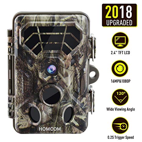 HOMCOM Trail Camera 16MP 1080P, Game Camera with No Glow Night Vision Up to 65ft, 0.2s Trigger Time Motion Activated, 2.4" Color Screen IP66 Waterproof Wildlife Hunting Camera