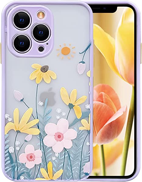 Ownest Compatible with iPhone 14 Pro Case for Clear Frosted PC Back 3D Floral Girls Woman and Soft TPU Bumper Protective Silicone Slim Shockproof Case for iPhone 14 Pro 6.1 Inch-Taro Purple