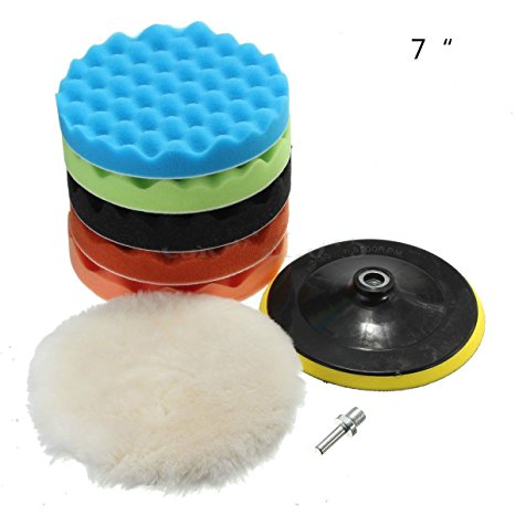 Yosoo 7Pcs 5/6/7" Sponge Polishing Waxing Buffing Pads Kit Set Compound Auto Car Polisher   M14 Drill Adapter Kit (7")
