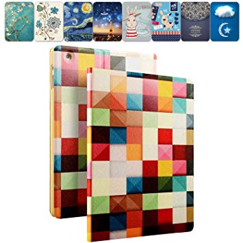 DuraSafe Cases for iPad 9.7 Inch 5/6 Gen 2017/2018 & Air 1 / Air 2 [ A1893 A1954 A1822 A1823 A1566 A1567 A1474 A1475 ] Printed Smart Cover Slim Folio, Auto Sleep/Wake - Color Grid