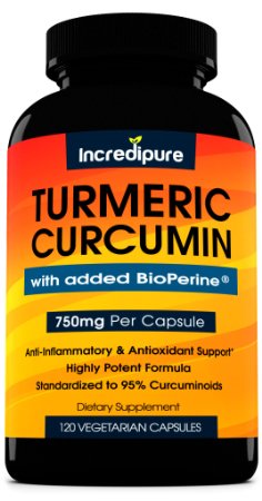 Turmeric Curcumin Supplement w BioPerine - 750mg Per Capsule 120 Veggie Caps