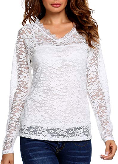 Showyoo Women's Sexy Floral Lace V Neck Long Sleeve Blouse Shirt Tops