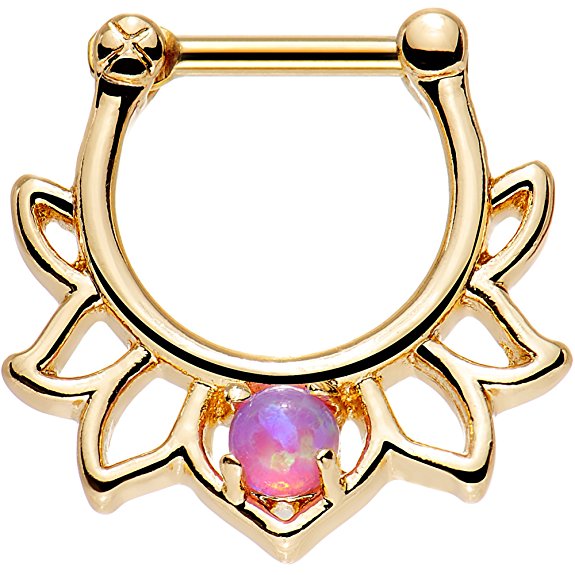 Body Candy Gold Anodized Steel Pink Synthetic Opal Lotus Septum Clicker 16 Gauge 1/4"