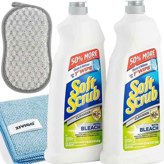 2 Soft Scrub with bleach cleanser, 36 oz.   Bundled with Zivigo Scrubbing Sponge - Microfiber cleaning cloth