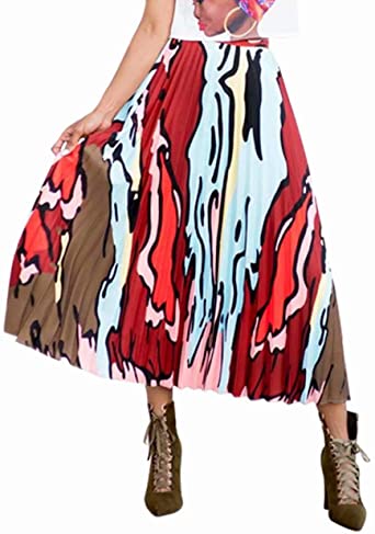 ThusFar Women's Graffiti Pleated Skirts Cartoon Printed Elastic Waist A-Line Swing Midi Skirt