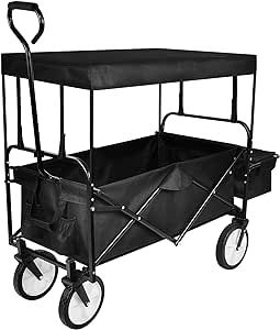 YSSOA Heavy Duty Folding Portable Hand Cart with Removable Canopy, 8'' Wheels, Adjustable Handles and Double Fabric for Shopping, Picnic, Beach, Camping