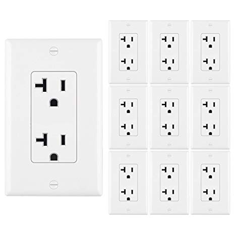 [10 Pack] BESTTEN 20 Amp Decorator Receptacle, Electrical Wall Outlet, Non-Tamper-Resistant, Decor Wall Plate Included, Residential & Commercial Grade, UL Listed, White