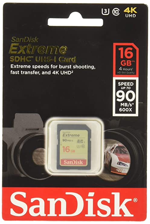 SanDisk Extreme SDHC, SDXNE 16GB, U3, C10, UHS-I, 90MB/s R, 40MB/s W, 4x6, Lifetime Limited