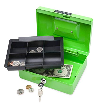 Small Metal Cash Box with Lock – Includes 2 Keys – Heavy Duty Steel Construction with Plastic Money Tray – 8 L x 6 W x 3 H – Green