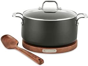 All-Clad HA1 Hard Anodized Nonstick Dutch Oven with Acacia Trivet and Spoon 4 Piece, 6 Quart Induction Oven Broiler Safe 500F, Lid Safe 350F Pots and Pans, Cookware Black