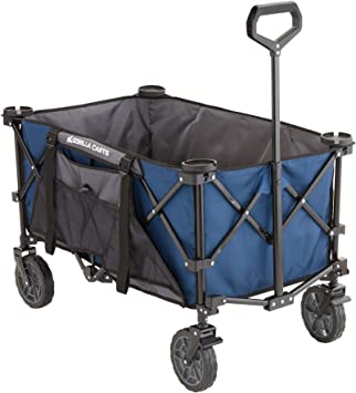 Gorilla Carts 7 Cubic Feet Foldable Collapsible Durable All Terrain Utility Pull Beach Wagon with Oversized Bed and Built in Cup Holders, Blue