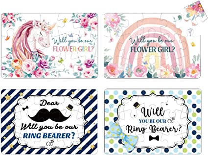 4 Pieces Flower Girl Proposal Puzzle Wedding Puzzle Invitation Flower Girl Unicorn Jigsaw Puzzle Set for Weddings, Bridesmaids, Festival, Christmas, Families Parties