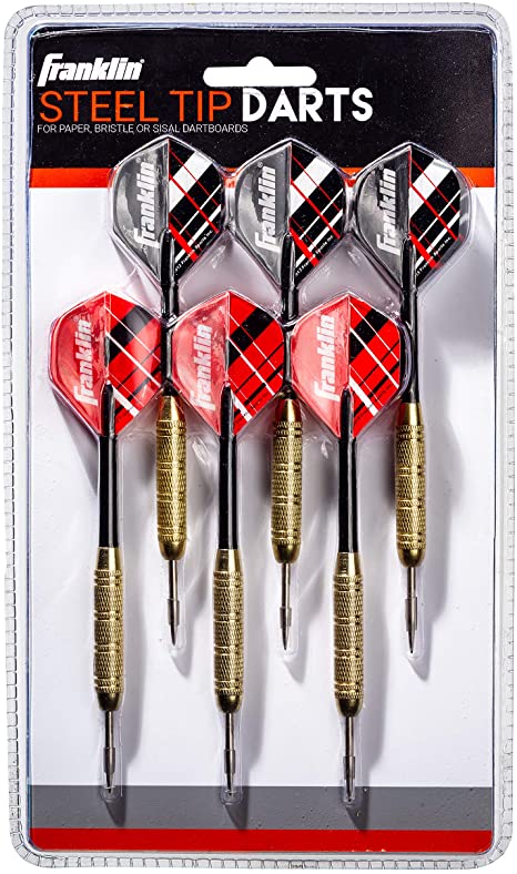 Franklin Sports Steel Tip Darts Set - 6 Pack of 18 Gram Steel Darts - Removable Standard Nylon Flights and Brass Barrels - Lightweight Full Dart Set, Red/Black