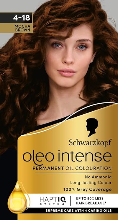 Schwarzkopf Oleo Intense Permanent Oil Colour 4-18 Mocha Brown Hair Dye, 100% Grey Coverage, Conditioner with HaptIQ System, Long-Lasting Colour, Ammonia Free Hair Dye
