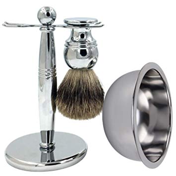 Genuine Badger Brush Deluxe Chrome Brush Handle   Beautiful Strong Shaving Soap Bowl/Mug   Shaving Brush Stand Holder for Razor and Brush