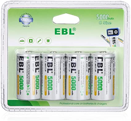 EBL Rechargeable C Batteries, 5000mAh Ni-MH High Capacity C Cell Battery New Retail Package, Pack of 4