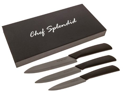 Premium Black Zirconia Ceramic Knife Set with Protective Sheaths. 3 Piece Set: 6" Chef's, 5" Utility and 4" Paring knife in a Magnetic Gift Box