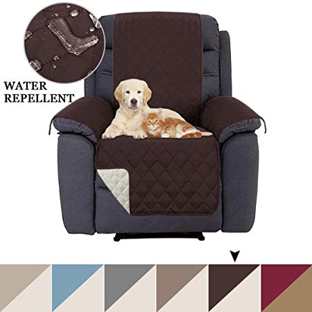 Reversible Recliner Cushion Covers Recliner Slipcover Recliner Protector for Pets, Improved Anti-Slip with 2" Thick Elastic Straps and Foams, Diamond Stitches Pattern (Recliner Brown/Beige)