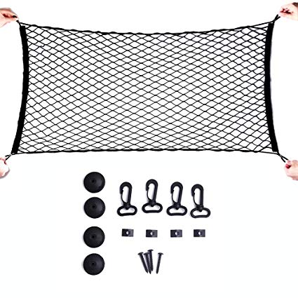 MAXTUF Cargo Net, 60 x 120CM Adjustable Elastic Trunk Cargo Organizer Nylon Mesh Rear Car Net for SUV, Truck Bed, Pickup, with Utility Free Bonus Hooks to Fix on without Rummaging