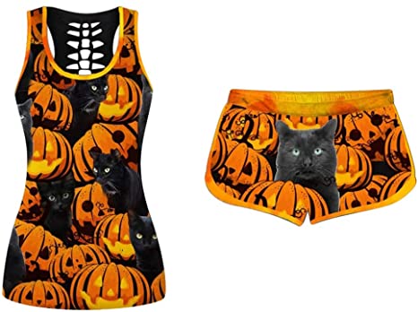 Multitrust Halloween Women 2PCS Sport Shirt and Shorts Sets Plus Size Fun Letter Printed Tank Top Short Pajama Set Sleepwear