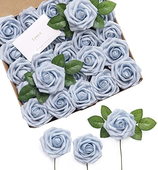 Ling's moment Artificial Flowers Powder Blue Roses 25pcs Real Looking Fake Roses w/Stem for DIY Wedding Bouquets Centerpieces Arrangements Party Baby Shower Home Decorations