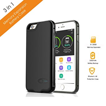 iPhone 6S / 6 Memory Battery Case, LetCome Battery Case with TF Card Slot (Support 8GB to 128GB ) for iPhone-2300mAh Ultra Slim Extended Portable Charger for iPhone 6S / 6 (Black)