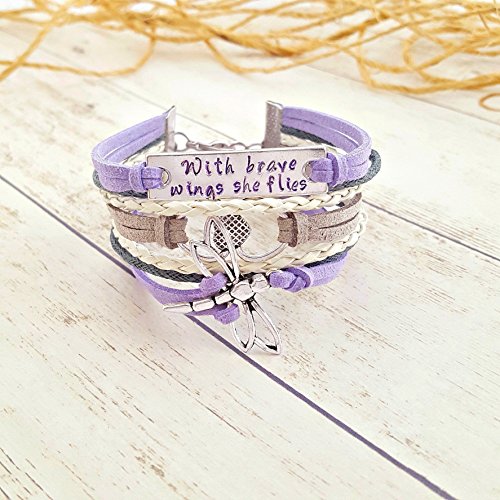 Hand Stamped Quote With Brave Wings She Flies, Interlocking Heart, Dragonfly Charm Bracelet