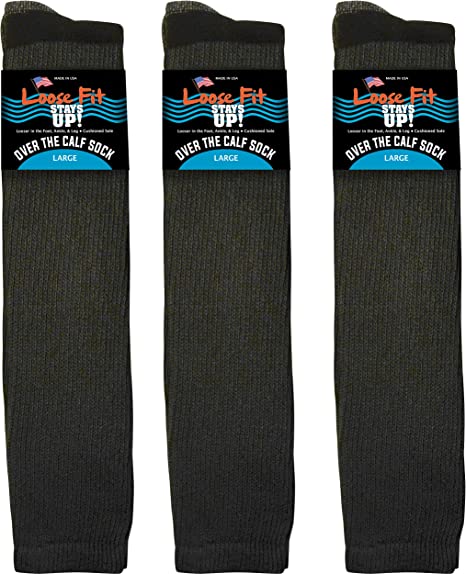 Loose Fit Stays Up Men's and Women's Over the Calf Boot Socks (Knee High) 3 PK Made in USA! Cushioned Sole
