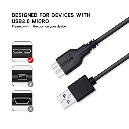 Micro USB 3.0 Cable,KUYiA USB 3.0 to Micro B Cable Super Speed Data Sync Cord For Toshiba Canvio WD External Hard Drive Samsung Galaxy S5 Note 3 and More Micro-B port Device Black (1FT)