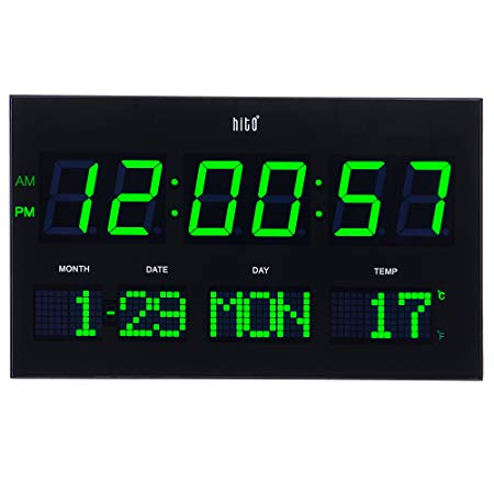 hito 14.2” Large Oversized LED Wall Clock Seconds Date Day Indoor Temperature Adjustable Brightness Memory Function Adapter Included Decorative for Living Room Office Conference Room Bedroom (Green)