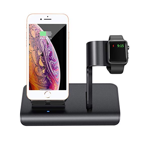 TGHUANG 7.5W Wireless Charger Stand for iPhone 2 in 1 Design Compatible with Apple Watch Charger Base (Dark Grey Plastic) (Excluding Apple Watch Magnetic Charger) (Dark Gray)