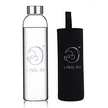 LING-EU Borosilicate BPA-Free Glass Water Bottle 18.5 Oz with Protective Sleeve Leak-Proof Cap, Portable Beverage Juice Drinking Bottle for Sports Travel Office