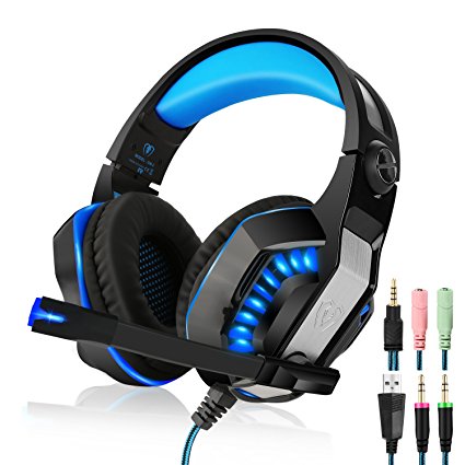 Beexcellent GM-2 Gaming Headset with Mic - Sound Clarity, Noise Reduction Headphones with LED Lights | Soft & Comfy Ear-Pads | Y Splitter for PlayStation 4, Xbox One, PC, Laptops, Smartphones, Blue