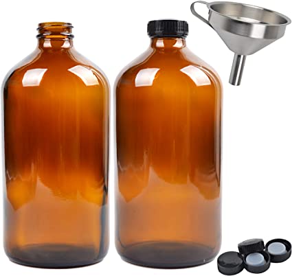 Youngever 2 Pack Amber Glass Growlers 32 oz with Tight Seal Lids and Stainless Steel Funnel #304, Perfect for Secondary Fermentation, Storing Kombucha, Kefir, One Liter Glass Beer Growler