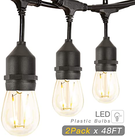 Amico 2 Pack 48FT LED Outdoor String Lights with 2W Dimmable Edison Vintage Plastic Bulbs, Commercial Great Weatherproof Strand, UL Listed Heavy-Duty, Decorative Patio Cafe Market Porch Lights