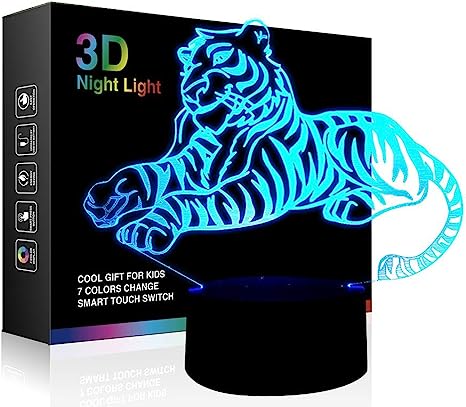 Christmas Gift Tiger 3D Illusion Lamp Night Light, 7 Color Changing Touch Switch Table Desk Decoration Lamps Birthday Present Xmas Toys Gifts for Tiger Fans Lover