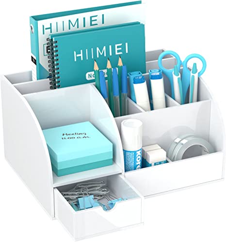 HIIMIEI Desk Organizer Acrylic White Desk Organizer Office Desk Organizers and Accessories with 8 Compartments & 1 Drawer for Desktop Office Home School