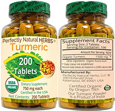 Organic Turmeric Tablets, USDA Certified, 750 mg, 200 per Bottle by Perfectly Natural Herbs