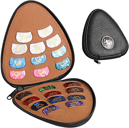 MoKo Guitar Pick Holder Case with 22pcs Picks in Multiple Thicknesses, PU Leather Guitar Picks Display with 22 Slots, Portable Acoustic Electric Guitar Colorful Picks Organizer with Zipper, Black