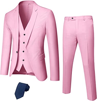 MYS Men's 3 Piece Slim Fit Suit Set, One Button Solid Jacket Vest Pants with Tie