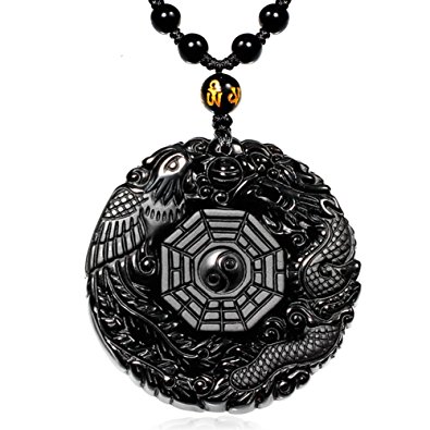 MOHICO Black & Ice Obsidian Crystal Pendant Necklace, Elegant Round Natural Dragon and Phoenix Pattern with extend Bead Chain for Men or Women