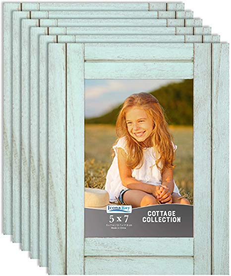 Icona Bay 5x7 Picture Frames, Rustic Picture Frame Set, Natural Real Wood Frames, Set of 6 Cottage Collection (6 Pack, Eggshell Blue)