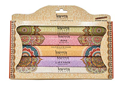 Karma Scents Premium Incense Sticks, Lavender, Sandalwood, Jasmine, Rose, Vanilla, Variety Gift Pack 85 Sticks, Includes a Holder (Variety)